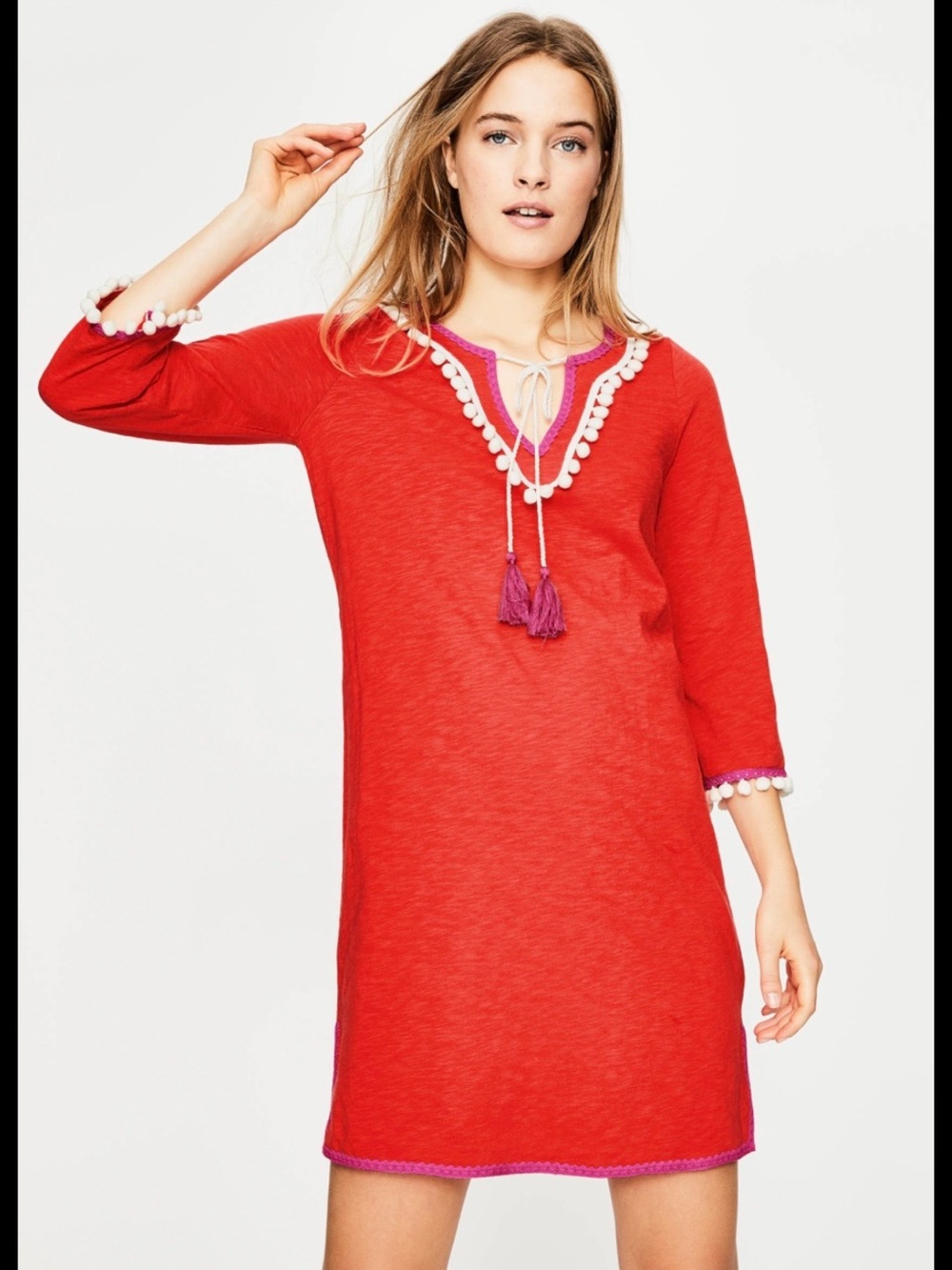 Boden Red Cotton Pom-Pom Tunic Dress with Purple Trim Size 12